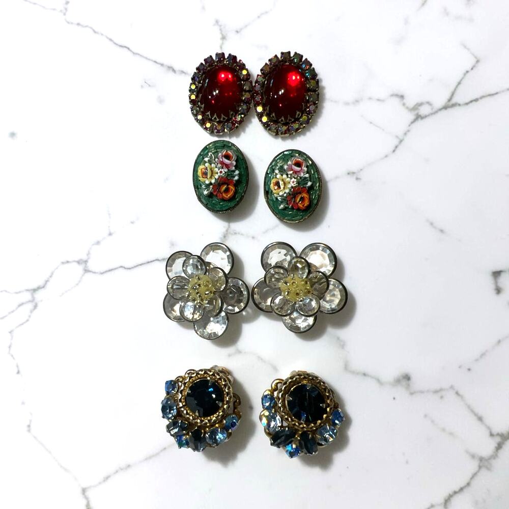 Four Pairs of Vintage Mid-century Costume Jewelry Clip-on Earrings